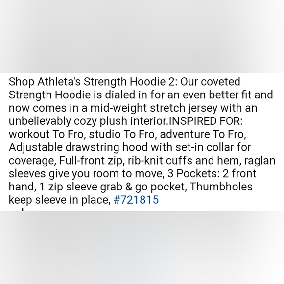 Athleta Zip Up Strength Hoodie 2 Jacket, fitted plush sweatshirt XS, thumb holes - Picture 8 of 9